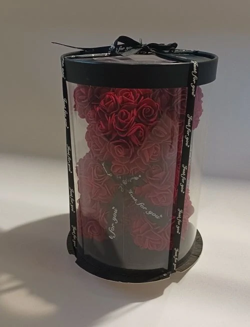 Macko z ruží bordový 25cm + darčekový box