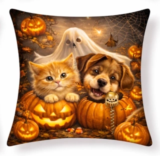 Vankúšik Halloween -psík, mačička a duch.